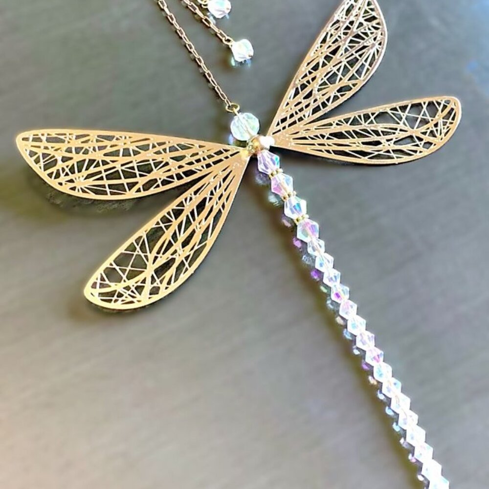 Gorgeous Dragonfly Suncatcher Window Hanging Gold Wings AB Clear Crystal Body